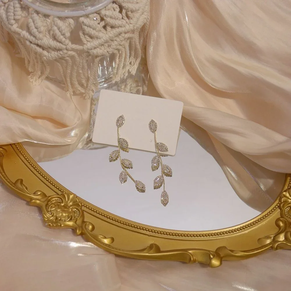 NEW 14K Gold Plated Diamond Leaf Drop Earrings a - Picture 2 of 7